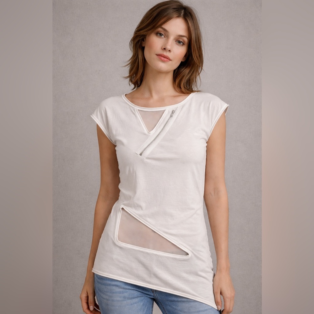 Alice+Olivia Suzanna Georgette Inset Edgy Cream XS Asymmetrical Zip Top